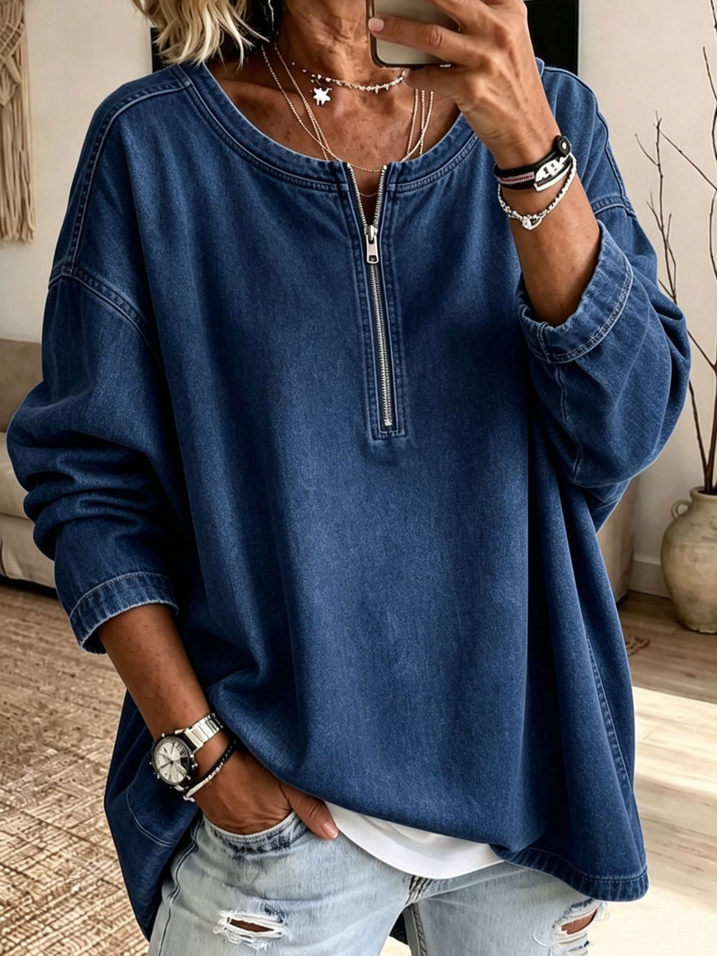 🤠 Women’s Round Neck Denim Top Half Zip Long Sleeve Loose Fit Casual Blouse