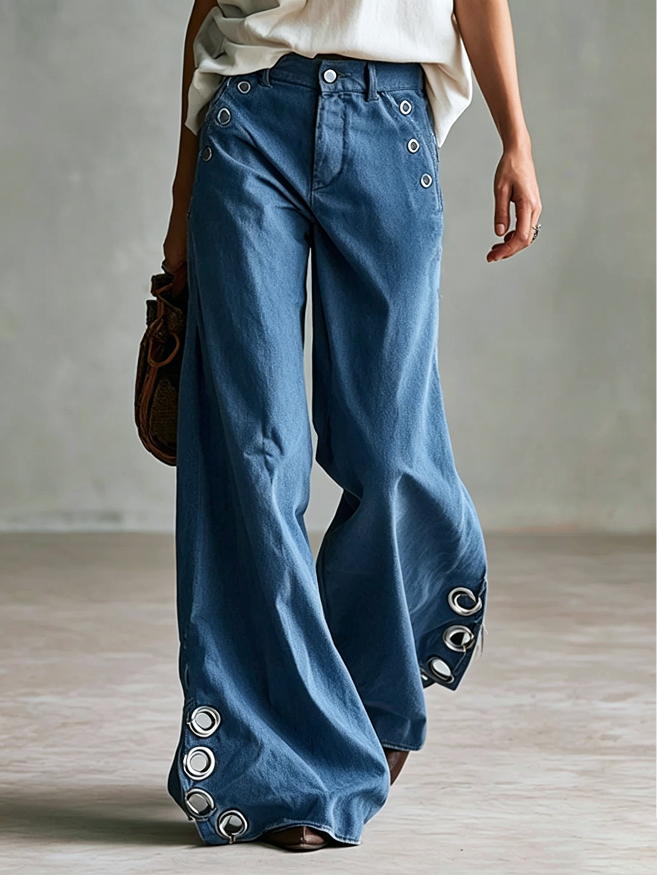 Versatile Retro Style With Metal Eyelets Caramel-colored Wide-leg Trousers