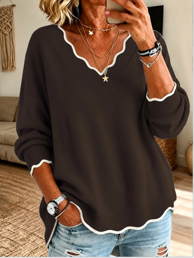 Women’s Scalloped Trim V Neck Long Sleeve Loose Knit Sweater