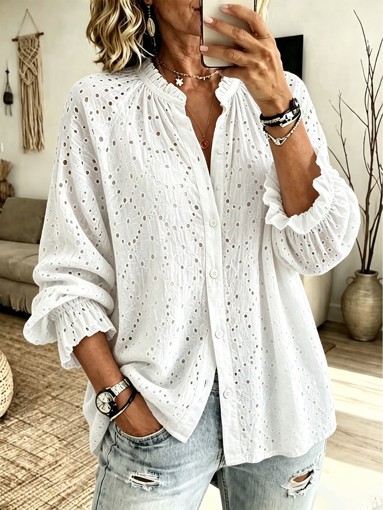 Women’s Eyelet Embroidery Ruffled Collar Puff 3/4 Sleeve Loose Button Down Blouse