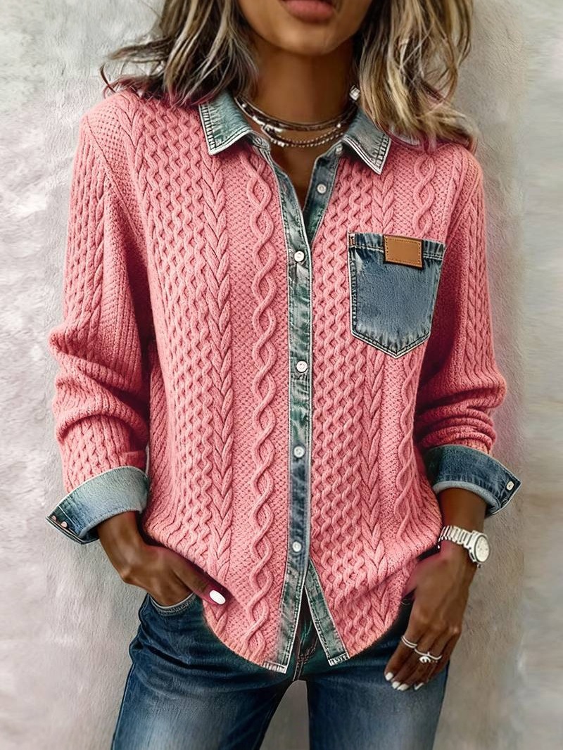 Cable Knit Denim Patchwork Button Down Shirt