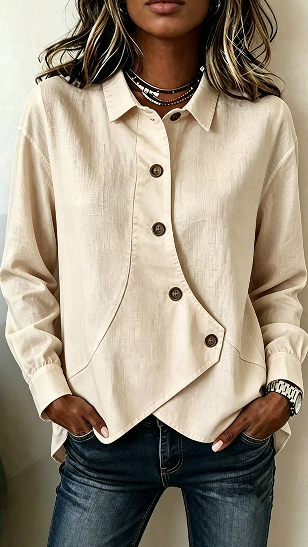 Asymmetrical Button-Up Collared Blouse