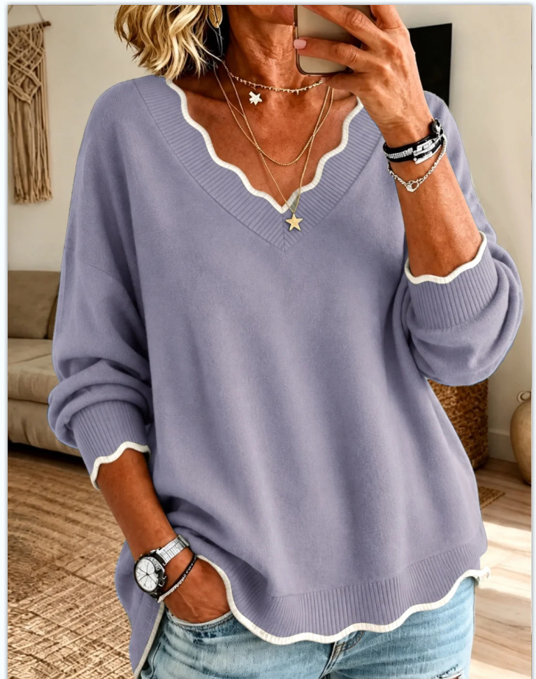Women’s Scalloped Trim V Neck Long Sleeve Loose Knit Sweater
