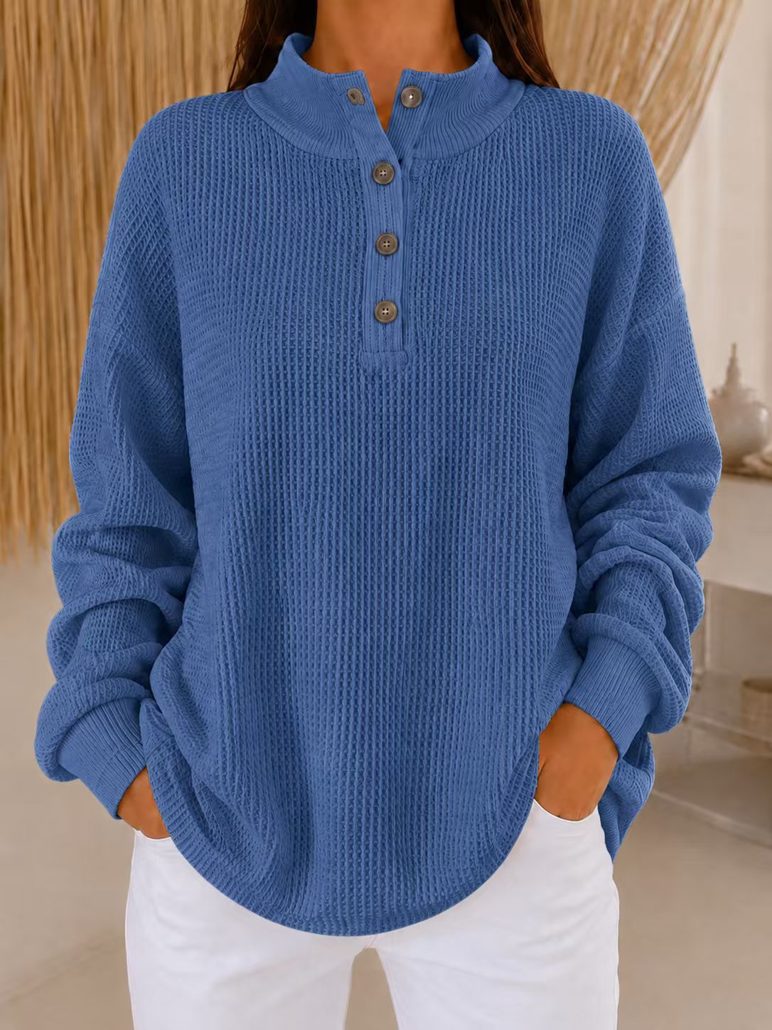 Women’s Stand Collar Waffle Knit Top Button Neck Long Sleeve Loose Blouse