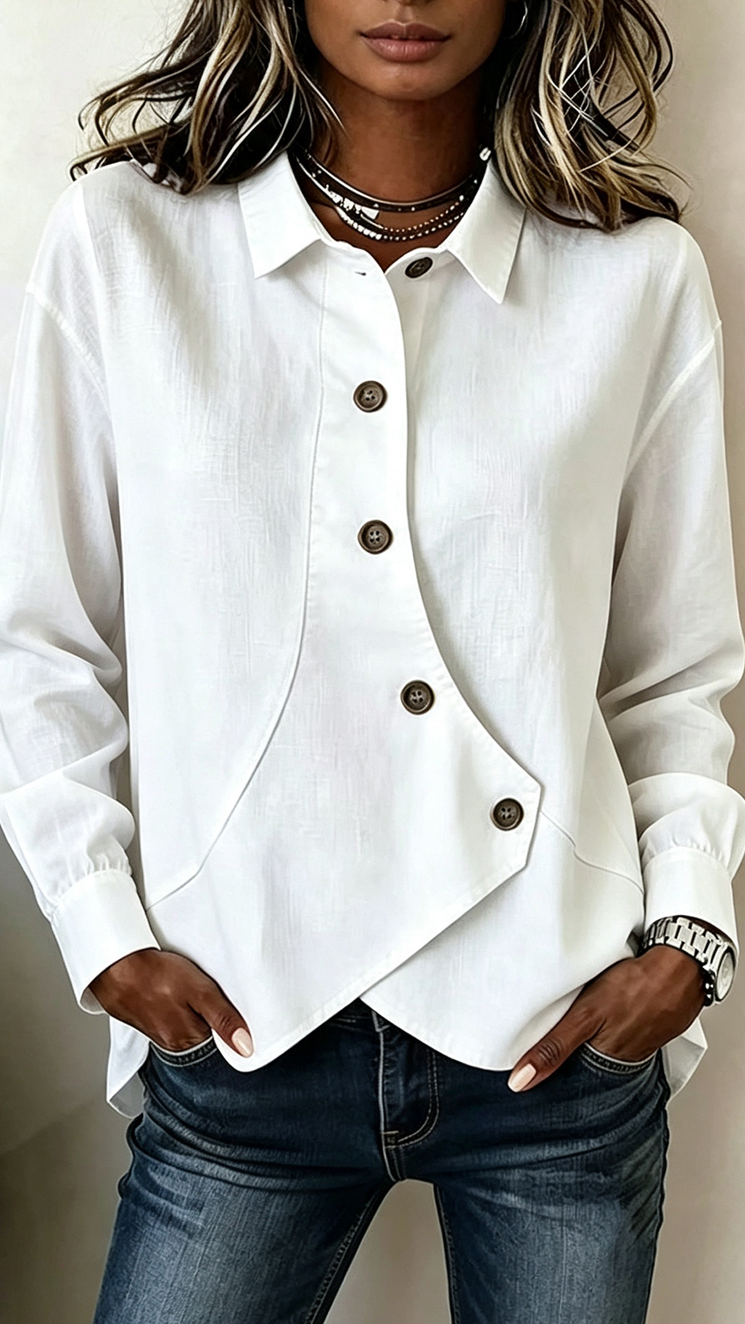 Asymmetrical Button-Up Collared Blouse