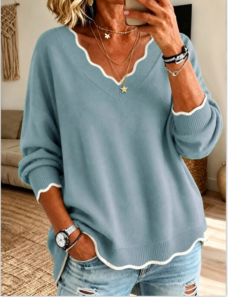 Women’s Scalloped Trim V Neck Long Sleeve Loose Knit Sweater