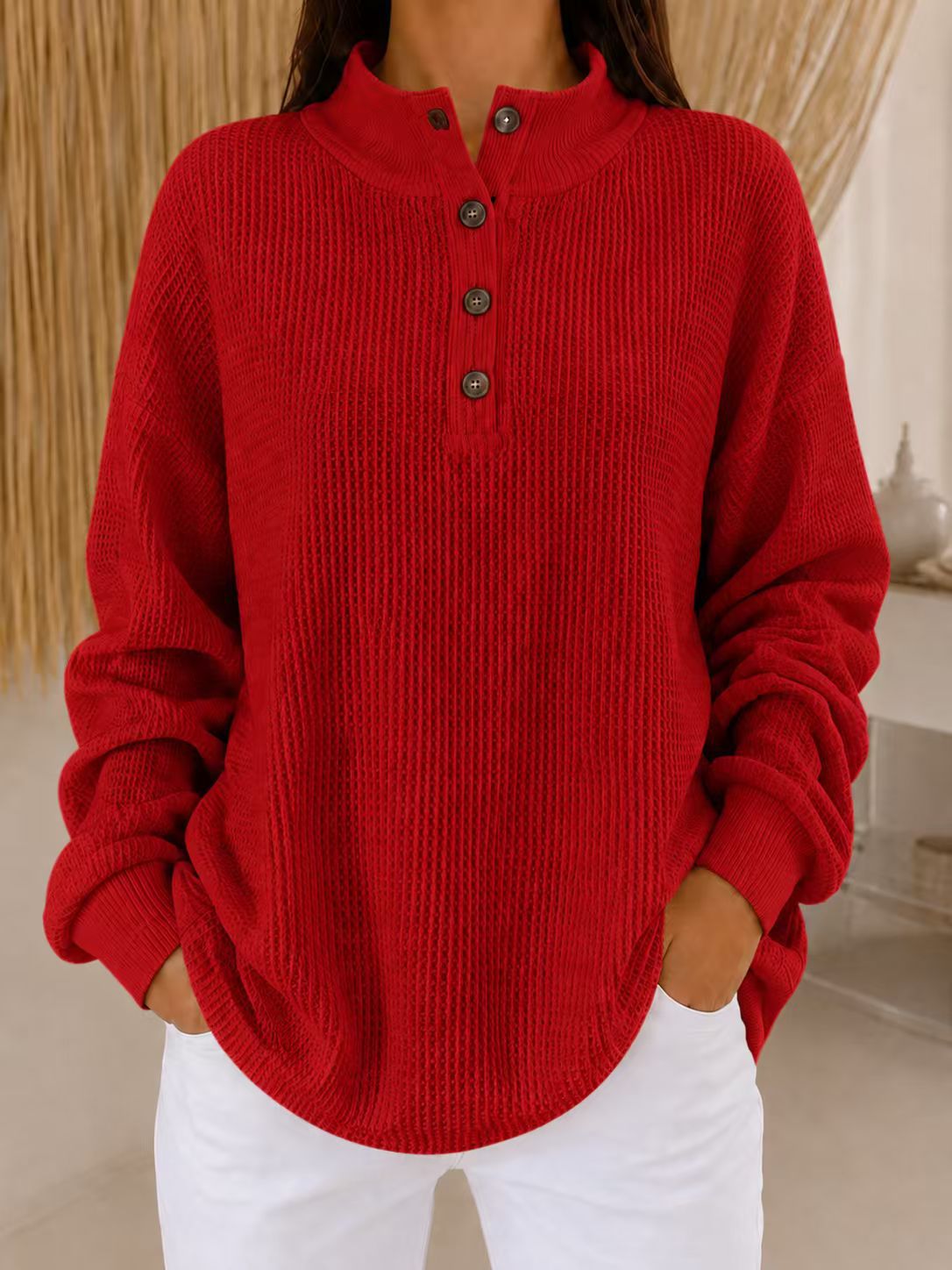 Women’s Stand Collar Waffle Knit Top Button Neck Long Sleeve Loose Blouse