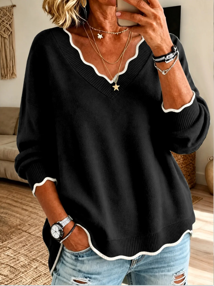 Women’s Scalloped Trim V Neck Long Sleeve Loose Knit Sweater
