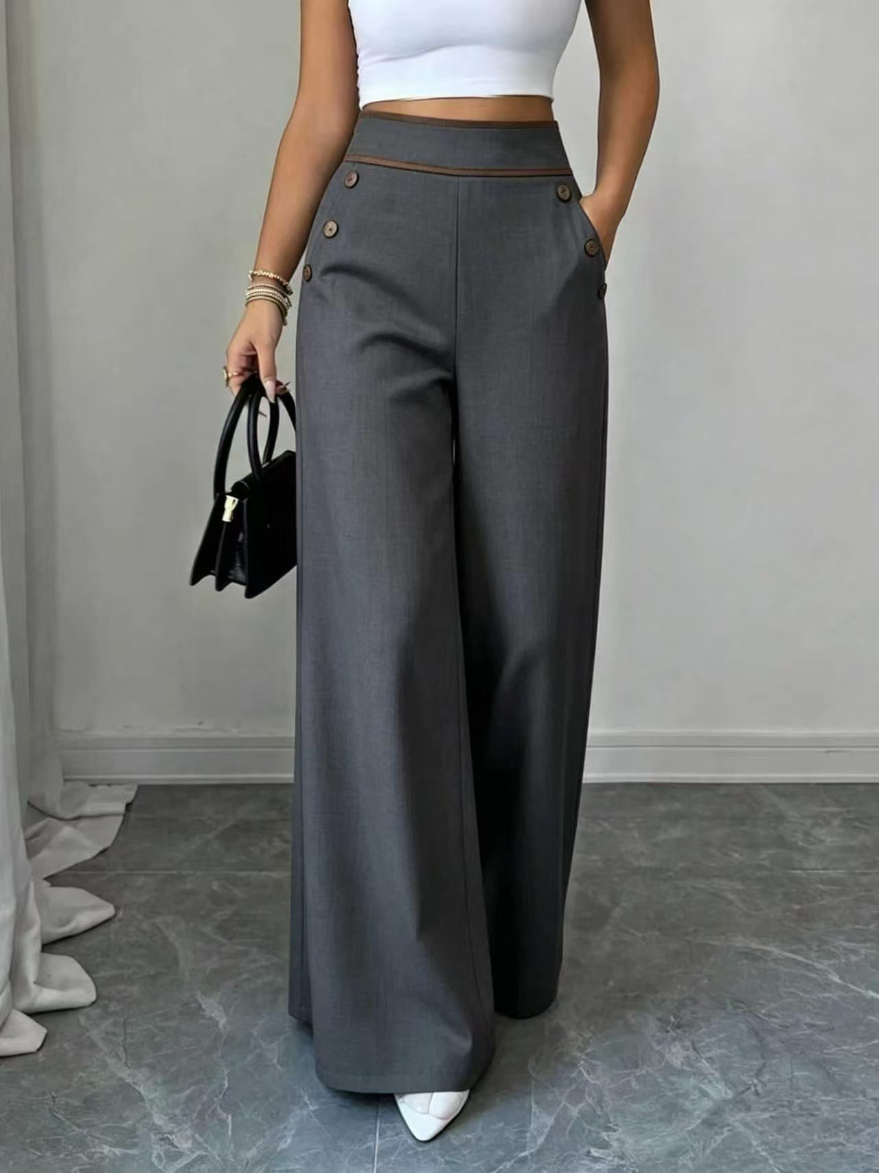 Women’s High Waist Wide Leg Pants Contrast Trim Button Decor Long Trousers