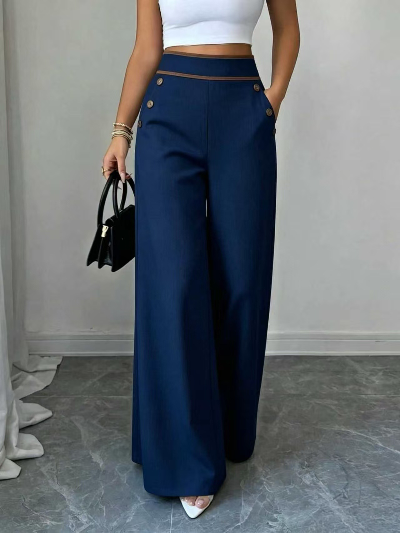 Women’s High Waist Wide Leg Pants Contrast Trim Button Decor Long Trousers