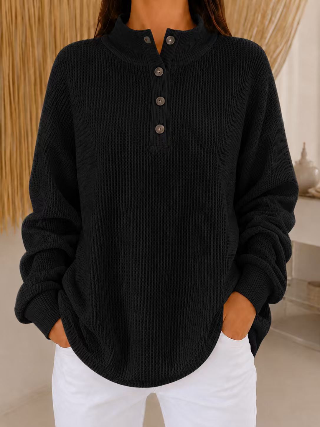 Women’s Stand Collar Waffle Knit Top Button Neck Long Sleeve Loose Blouse