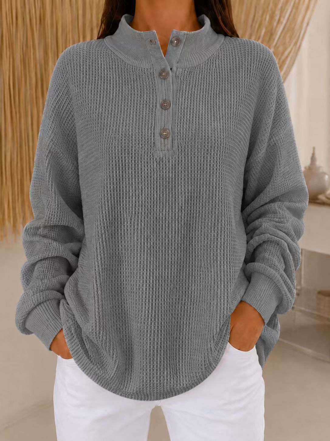 Women’s Stand Collar Waffle Knit Top Button Neck Long Sleeve Loose Blouse
