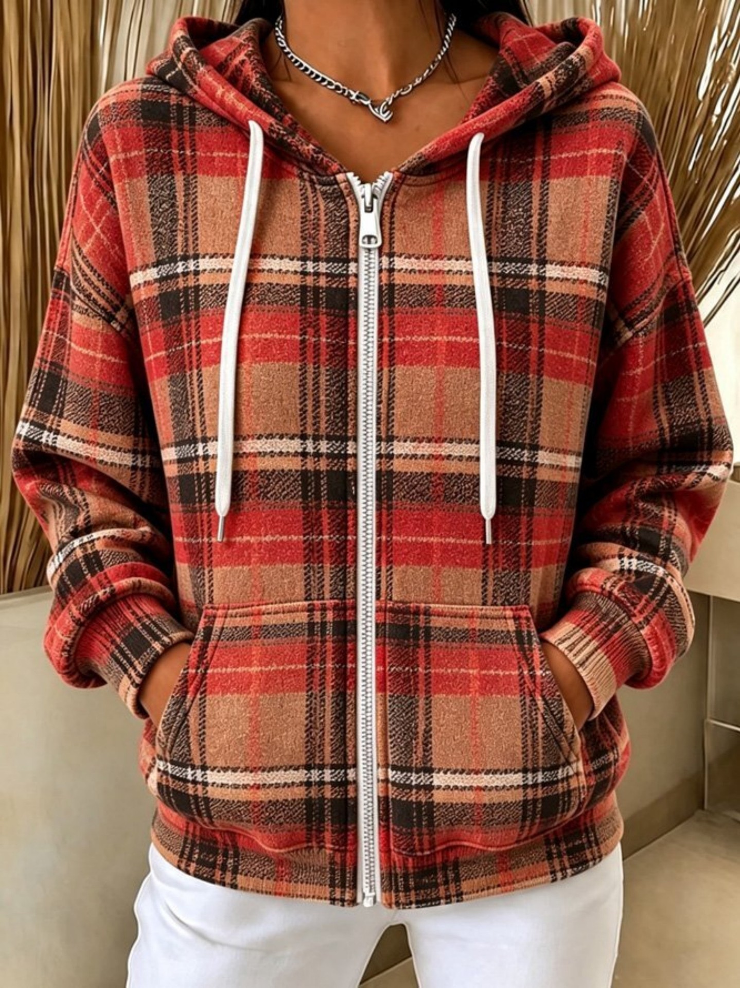 🧥✨ Women's Plaid Hooded Zip-Up Cardigan Sweatshirt Jacket 🤎🔲