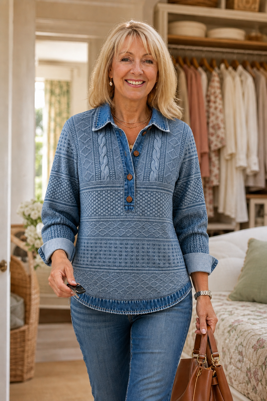 Denim Patchwork Textured Knit Blouse