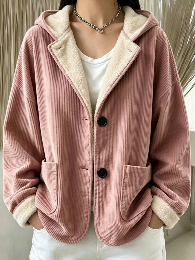 Women's Jacket Corduroy Hooded Fleece-Lined Jacket Cardigan Sweatshirt 🤎🧸