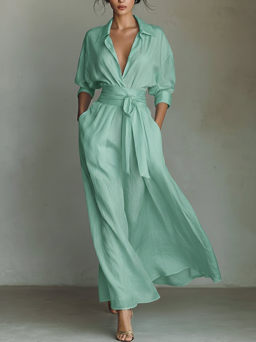 Women's Solid Color Waist-Slimming Maxi Dress — Flip Collar