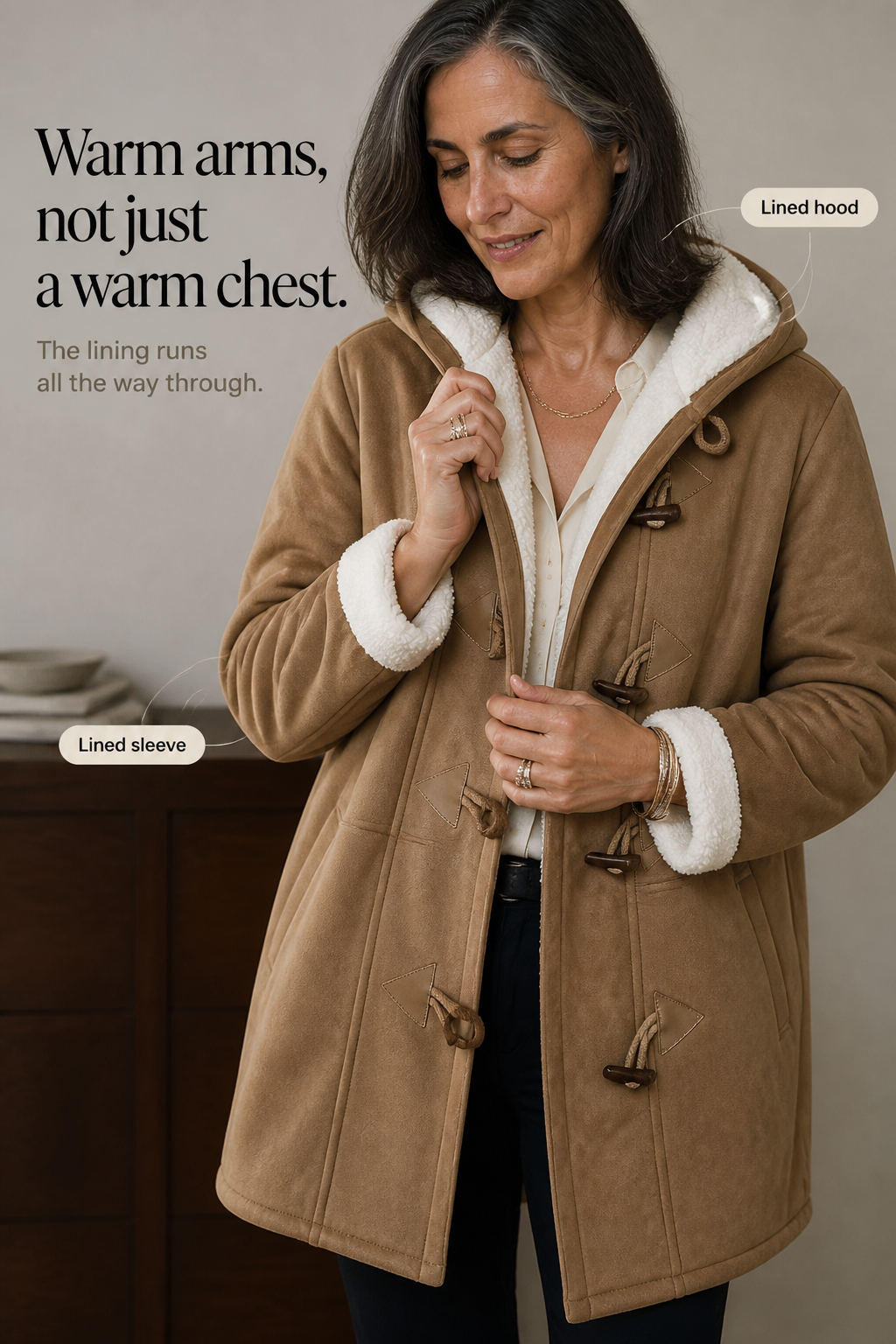 Hooded Faux Suede Coat With Plush Lining
