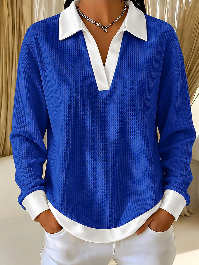 👚 Women's V-Neck Waffle-Knit Contrast Loose-Fit Casual Collared Long-Sleeve Sweatshirt 🤍