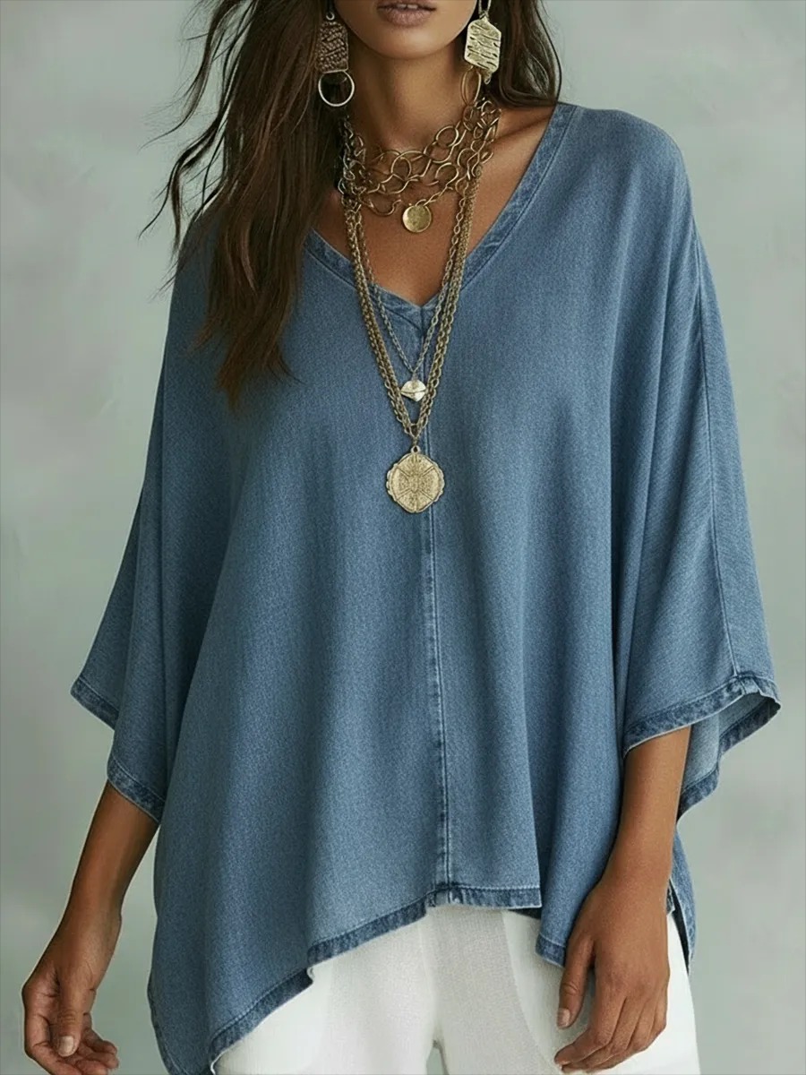 Oversized V-Neck Asymmetrical Hem Washed Denim Top