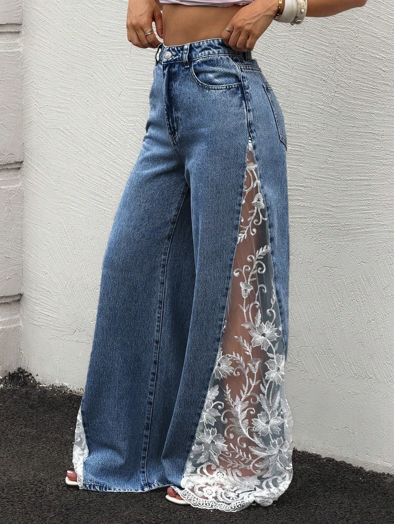 High Waist Lace Splice Wide Leg Jeans