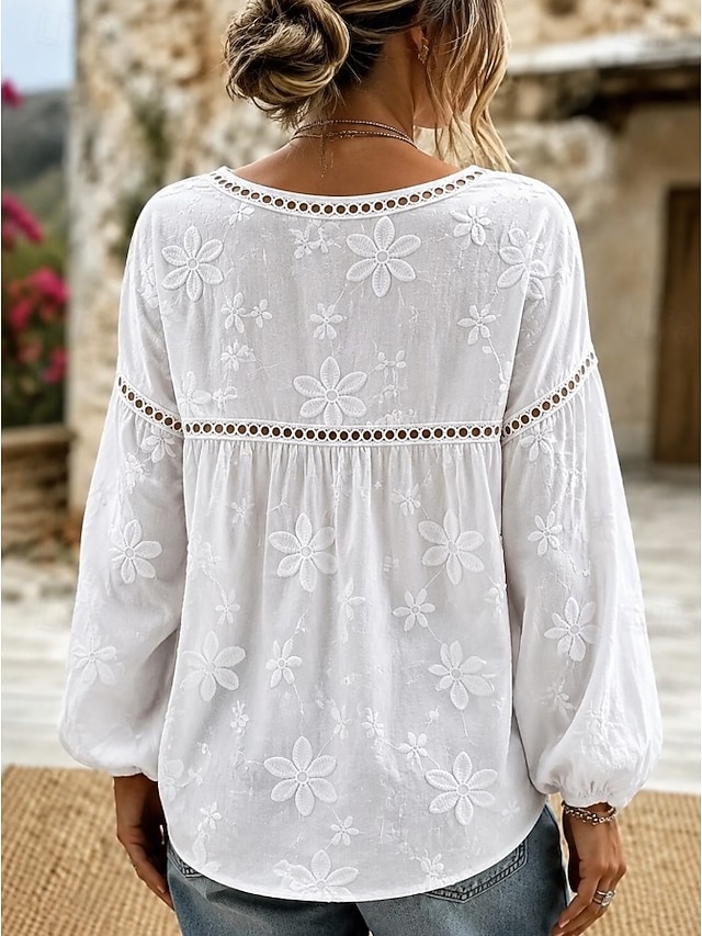 Women’s Hollow Lace Patchwork Long Sleeve Top Floral Embroidery Loose Blouse