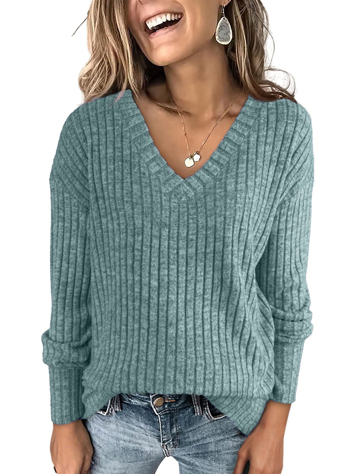 Ribbed V-Neck Knit Sweater