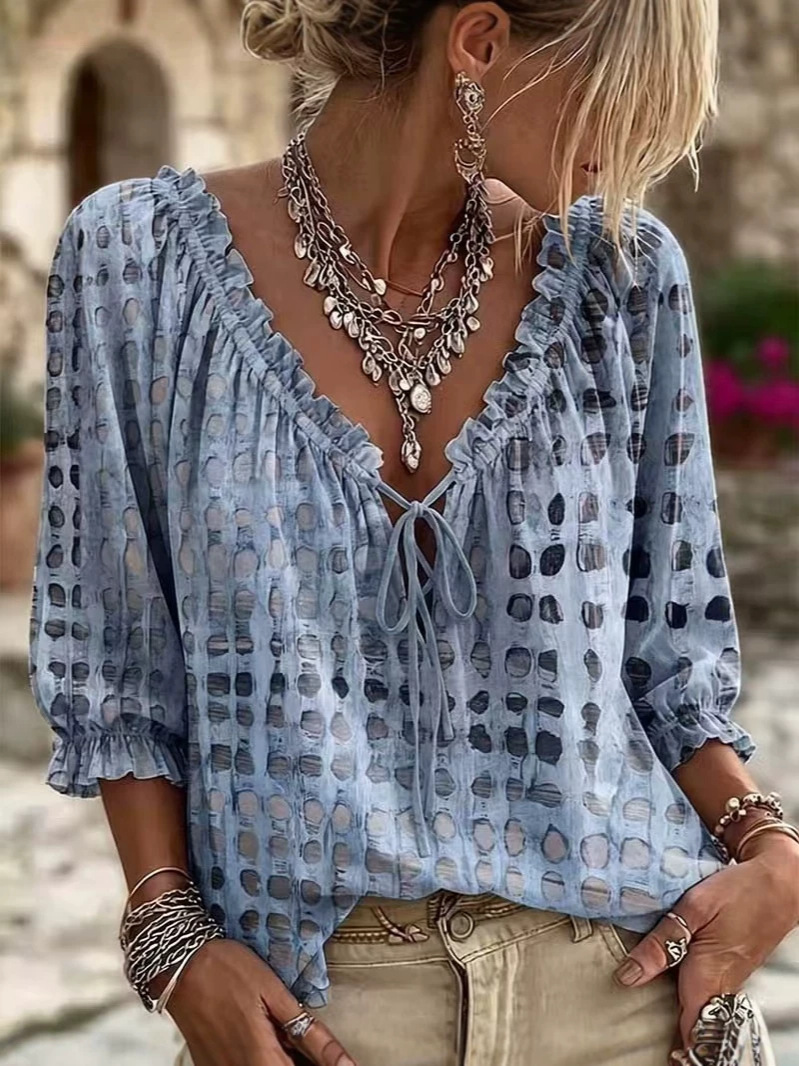 Women's Boho Printed Tie-Front V-Neck Ruffle Blouse