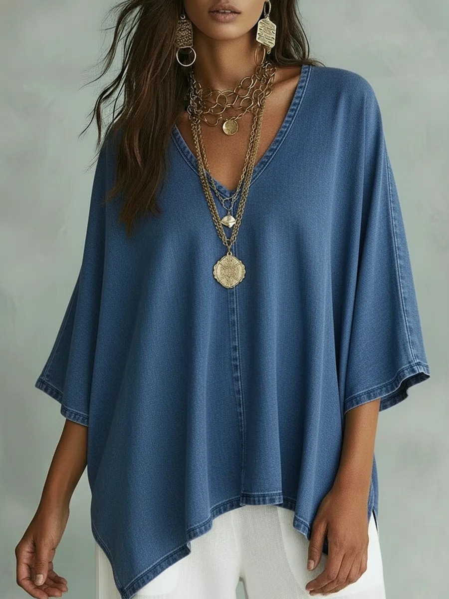 Oversized V-Neck Asymmetrical Hem Washed Denim Top