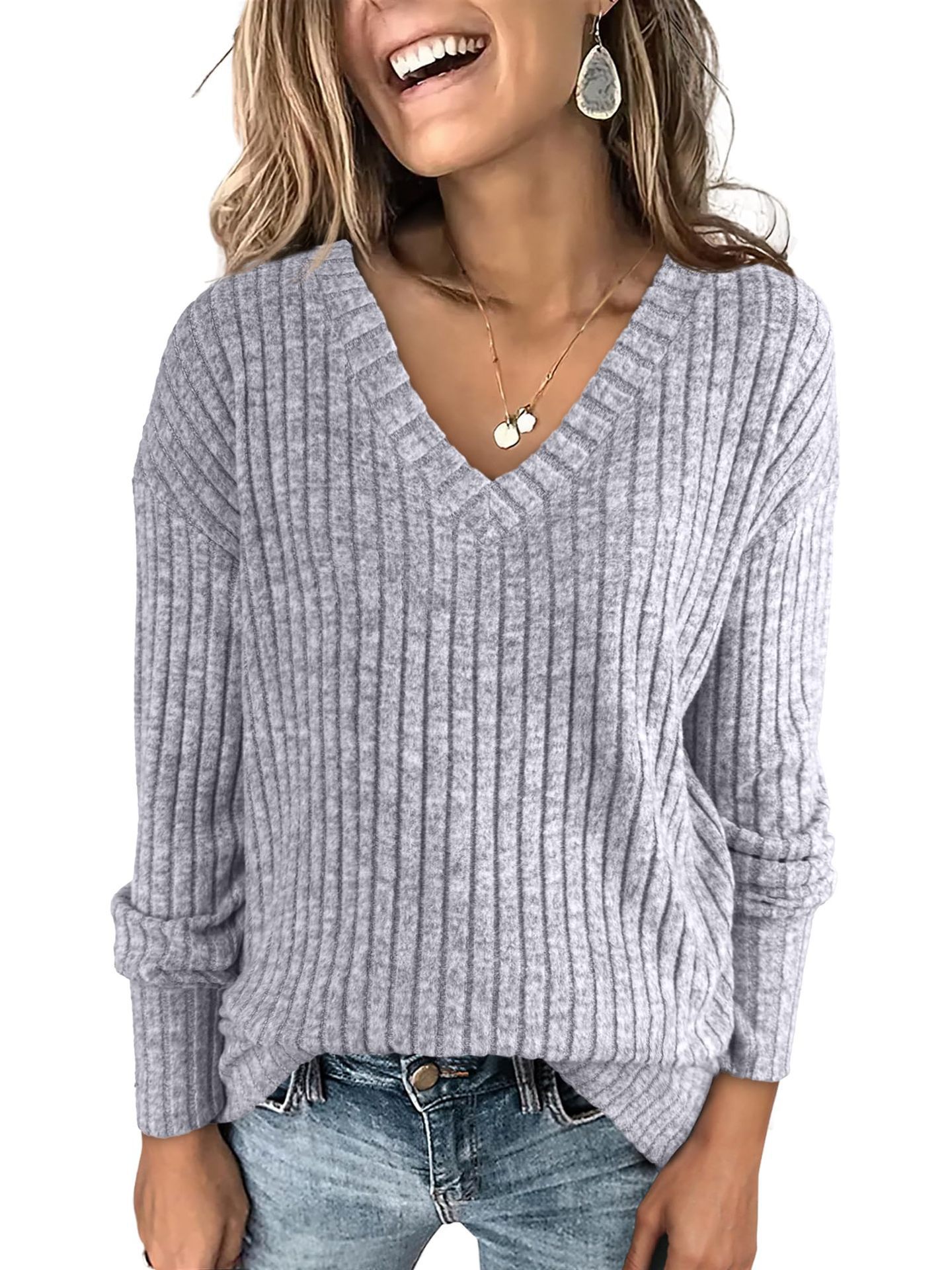 Ribbed V-Neck Knit Sweater