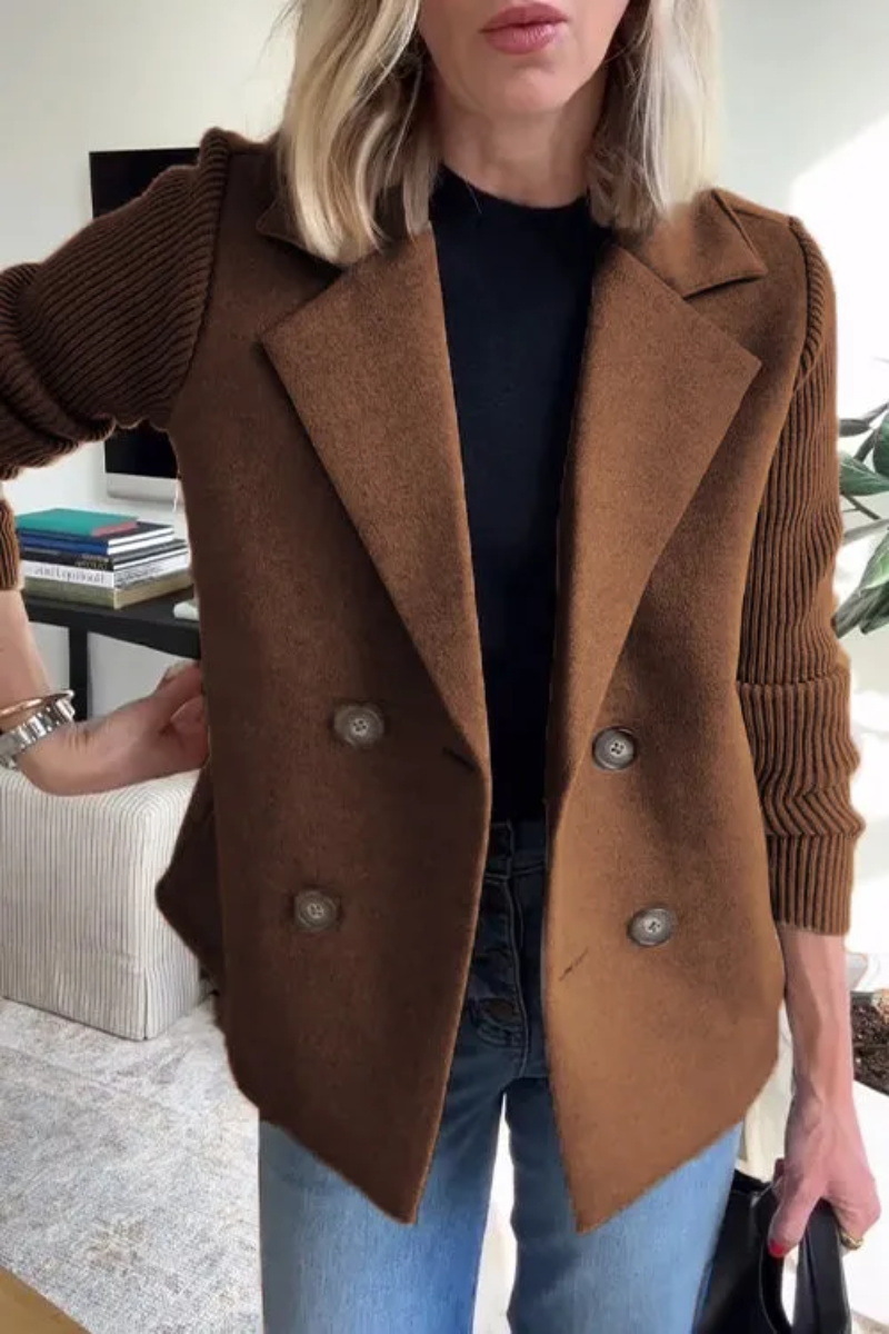 Women’s Lapel Blazer Knit Spliced Sleeve Double Breasted Wool Blend Short Coat