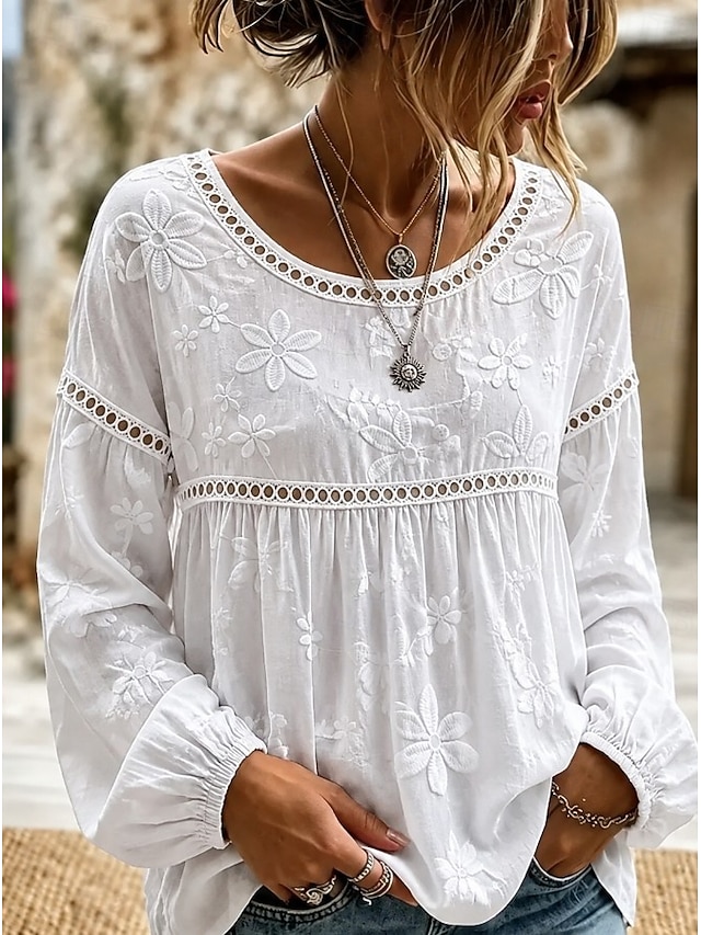 Women’s Hollow Lace Patchwork Long Sleeve Top Floral Embroidery Loose Blouse