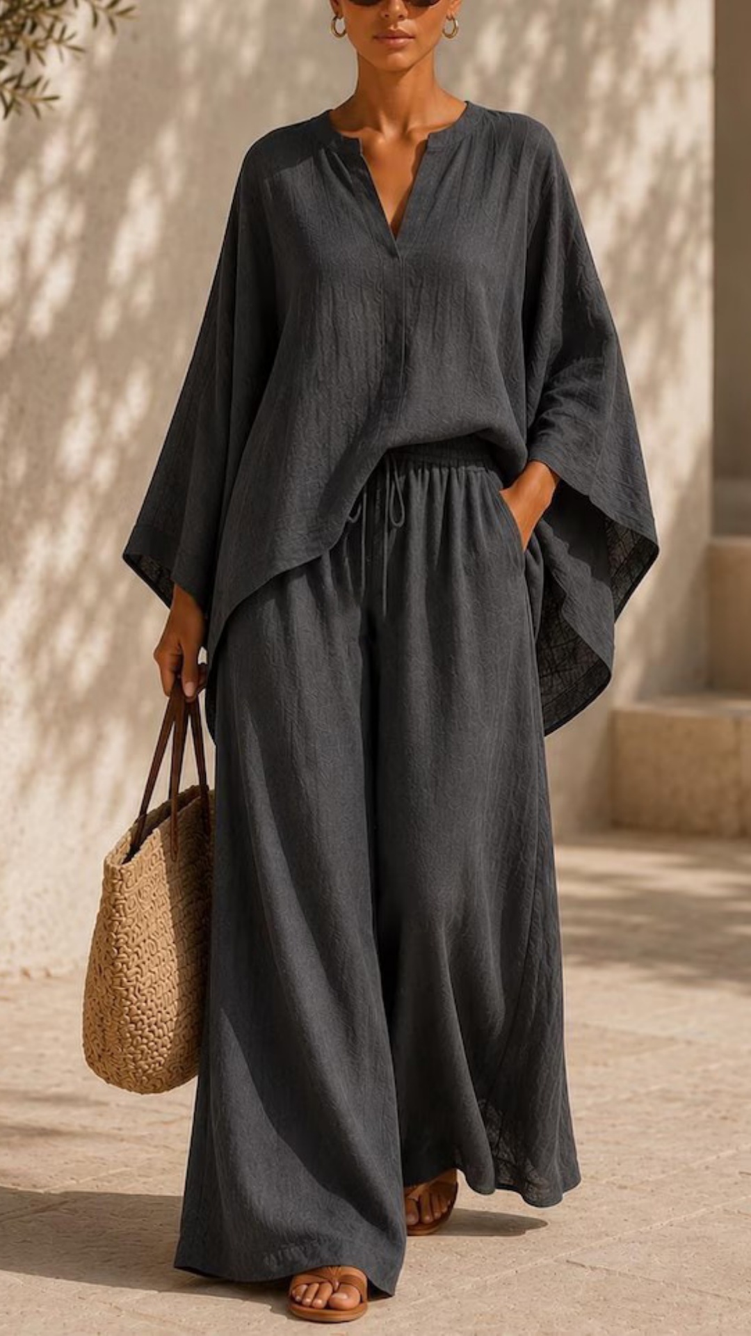 Linen Blend Batwing Sleeve Top & Drawstring Wide Leg Pants Set