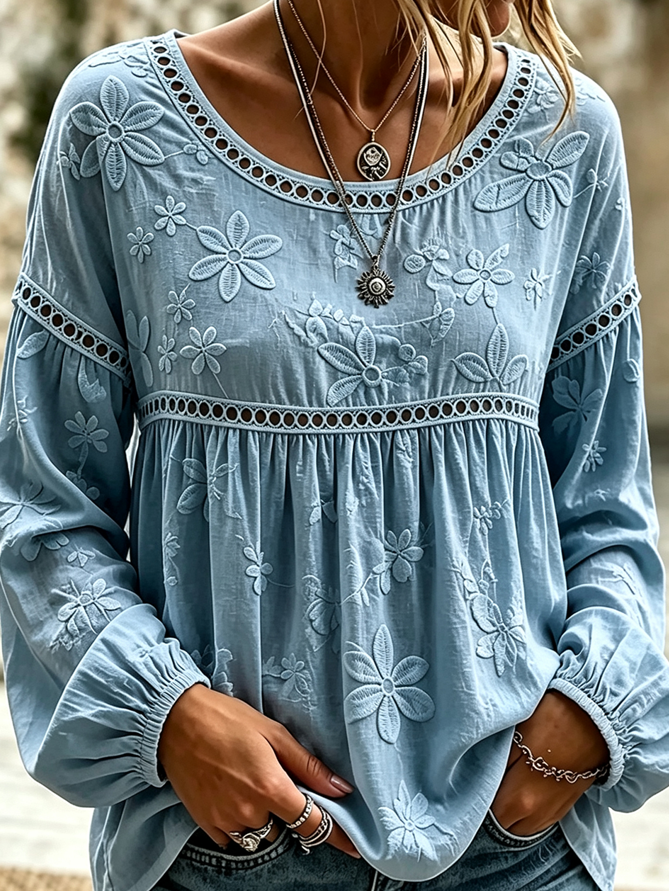 Women’s Hollow Lace Patchwork Long Sleeve Top Floral Embroidery Loose Blouse