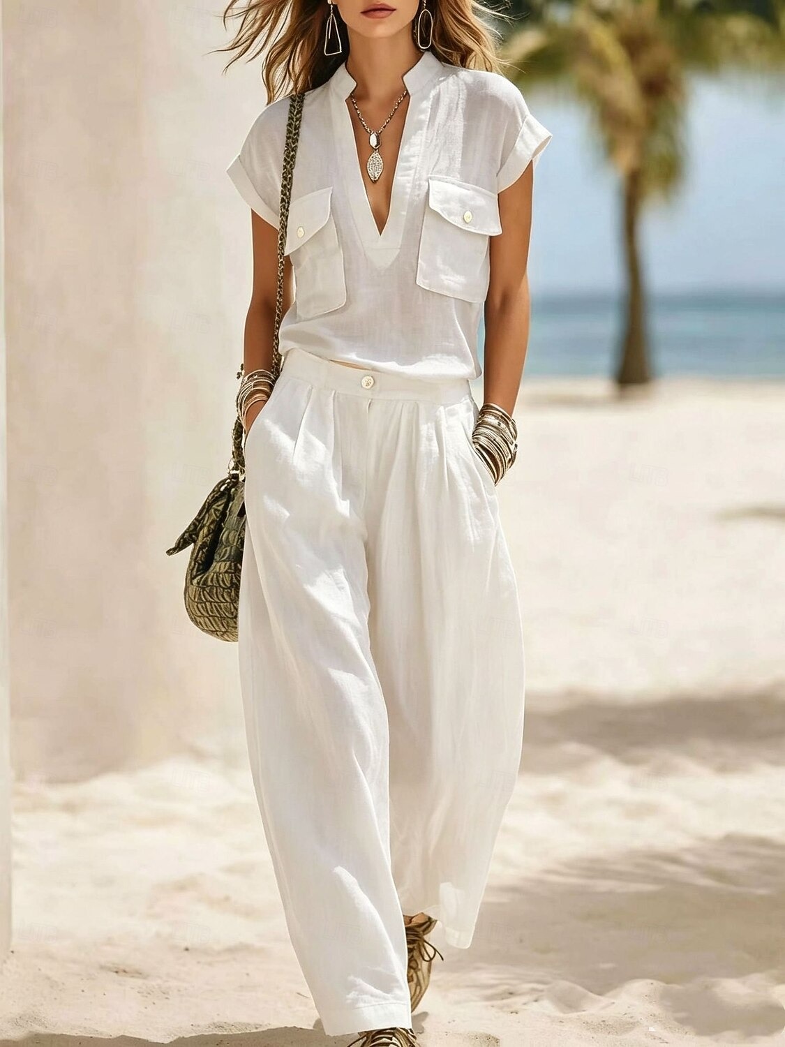 Women's Linen Blend Utility 2-Piece Set V-Neck Pocket Top & Wide Leg Pants