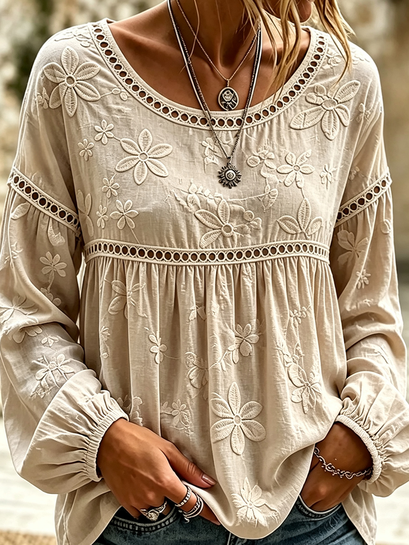 Women’s Hollow Lace Patchwork Long Sleeve Top Floral Embroidery Loose Blouse