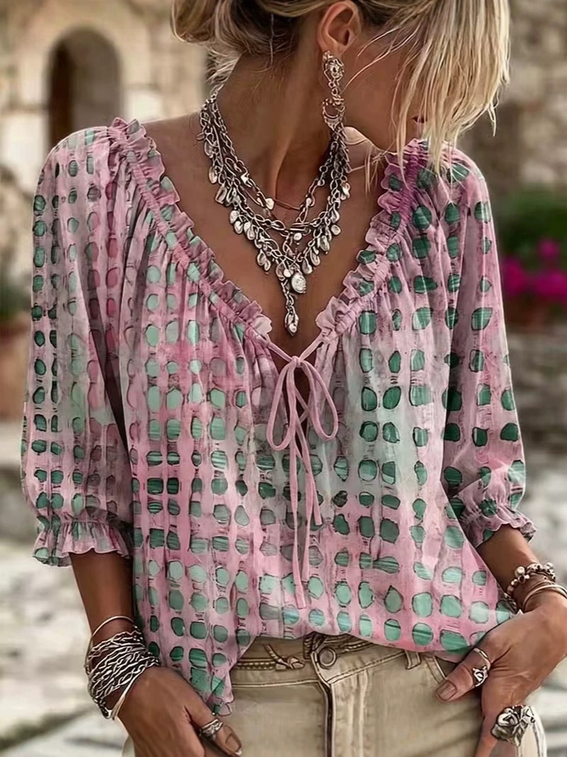 Women's Boho Printed Tie-Front V-Neck Ruffle Blouse