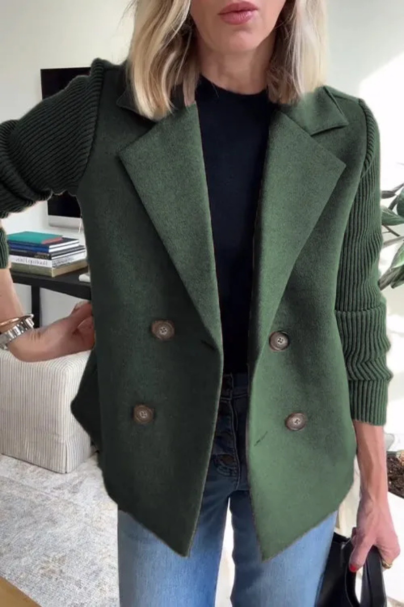Women’s Lapel Blazer Knit Spliced Sleeve Double Breasted Wool Blend Short Coat