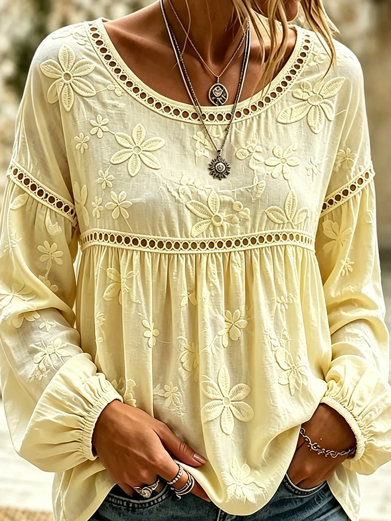 Women’s Hollow Lace Patchwork Long Sleeve Top Floral Embroidery Loose Blouse