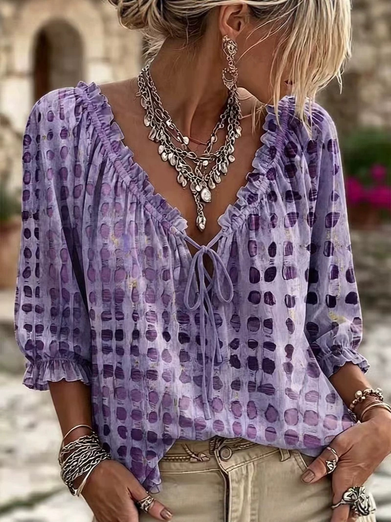Women's Boho Printed Tie-Front V-Neck Ruffle Blouse