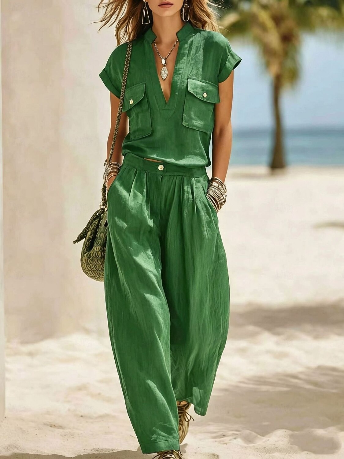 Women's Linen Blend Utility 2-Piece Set V-Neck Pocket Top & Wide Leg Pants