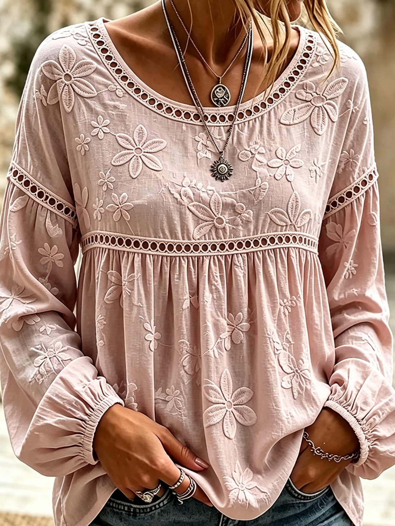 Women’s Hollow Lace Patchwork Long Sleeve Top Floral Embroidery Loose Blouse