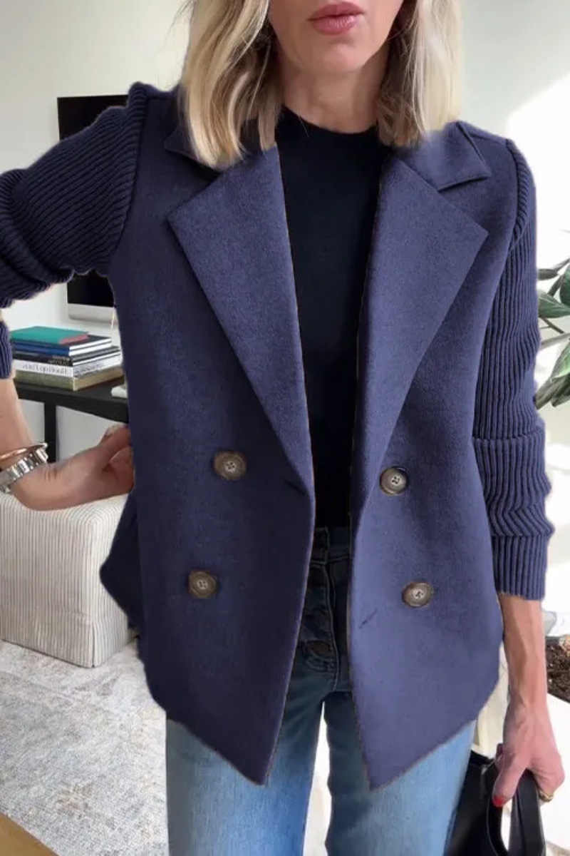 Women’s Lapel Blazer Knit Spliced Sleeve Double Breasted Wool Blend Short Coat