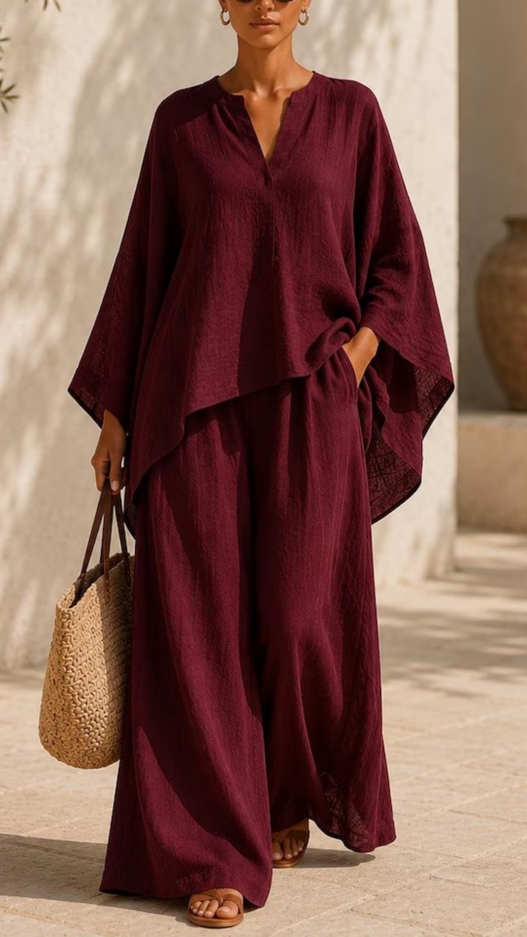 Linen Blend Batwing Sleeve Top & Drawstring Wide Leg Pants Set