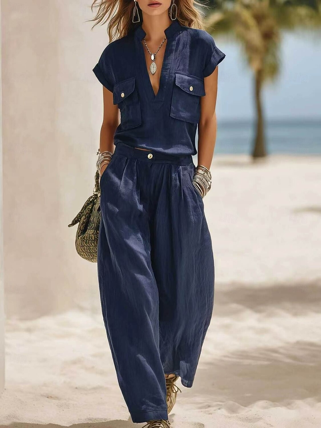 Women's Linen Blend Utility 2-Piece Set V-Neck Pocket Top & Wide Leg Pants