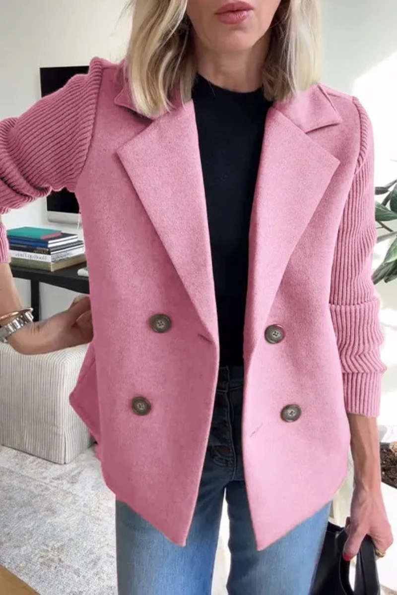 Women’s Lapel Blazer Knit Spliced Sleeve Double Breasted Wool Blend Short Coat