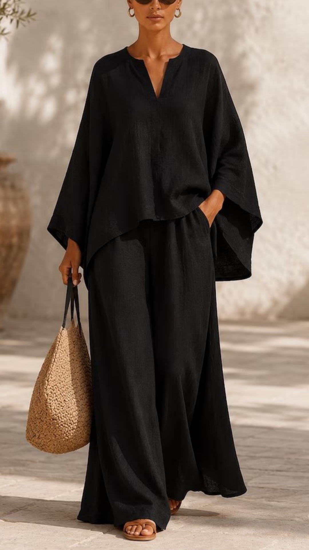 Linen Blend Batwing Sleeve Top & Drawstring Wide Leg Pants Set