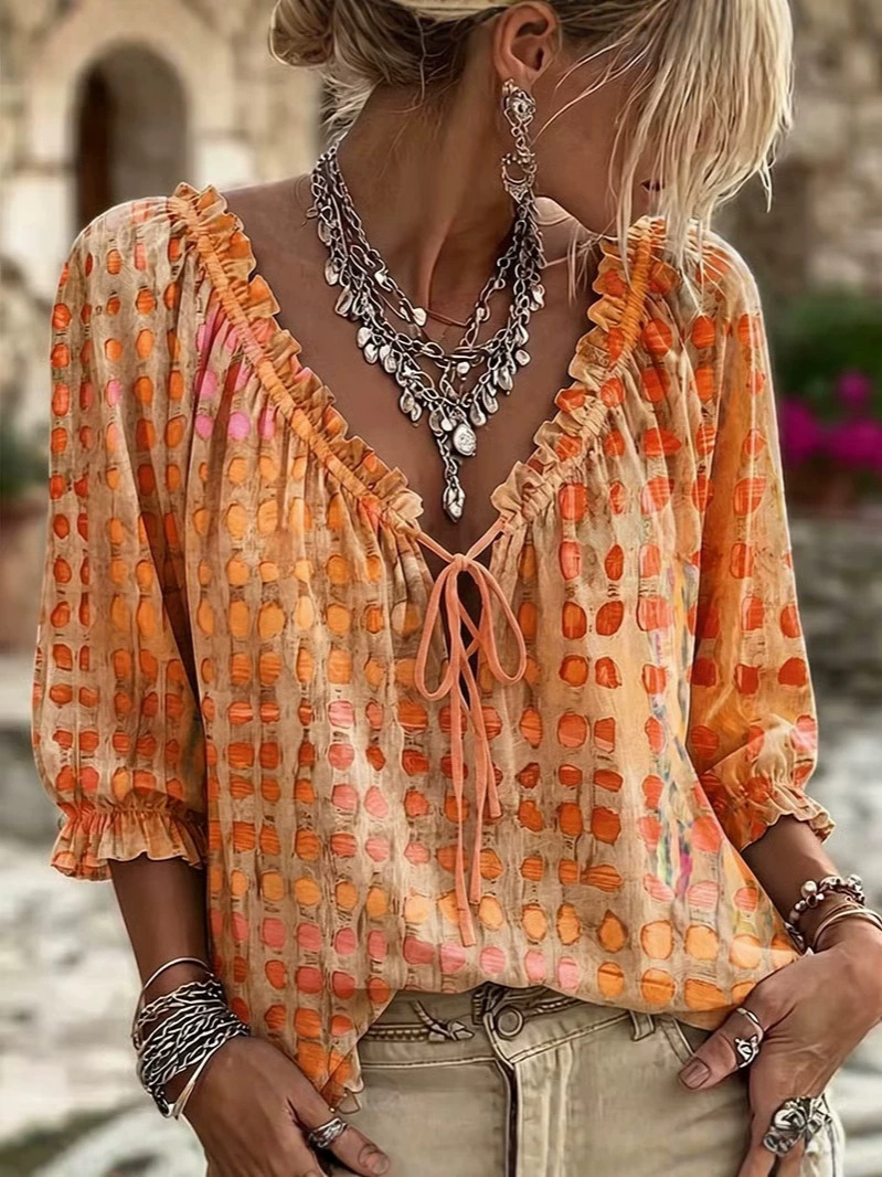 Women's Boho Printed Tie-Front V-Neck Ruffle Blouse