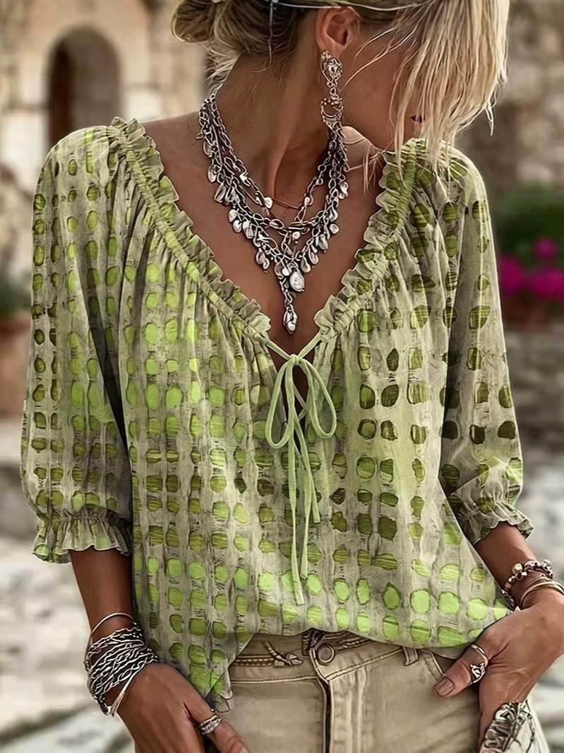 Women's Boho Printed Tie-Front V-Neck Ruffle Blouse