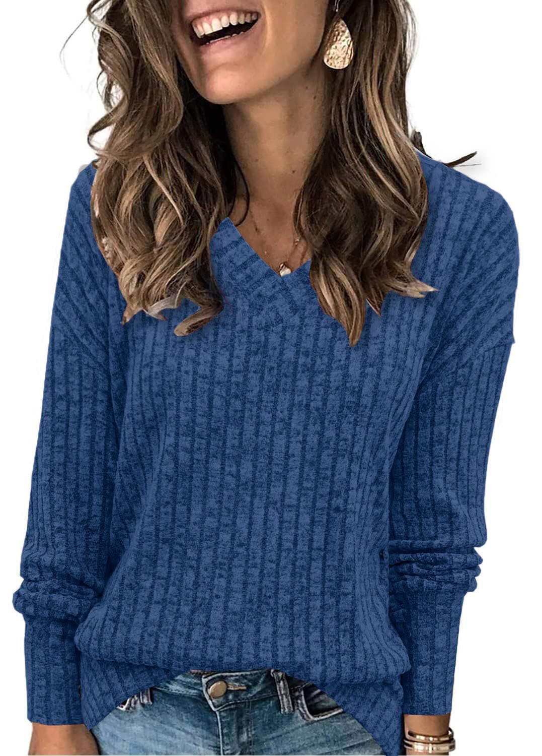 Ribbed V-Neck Knit Sweater