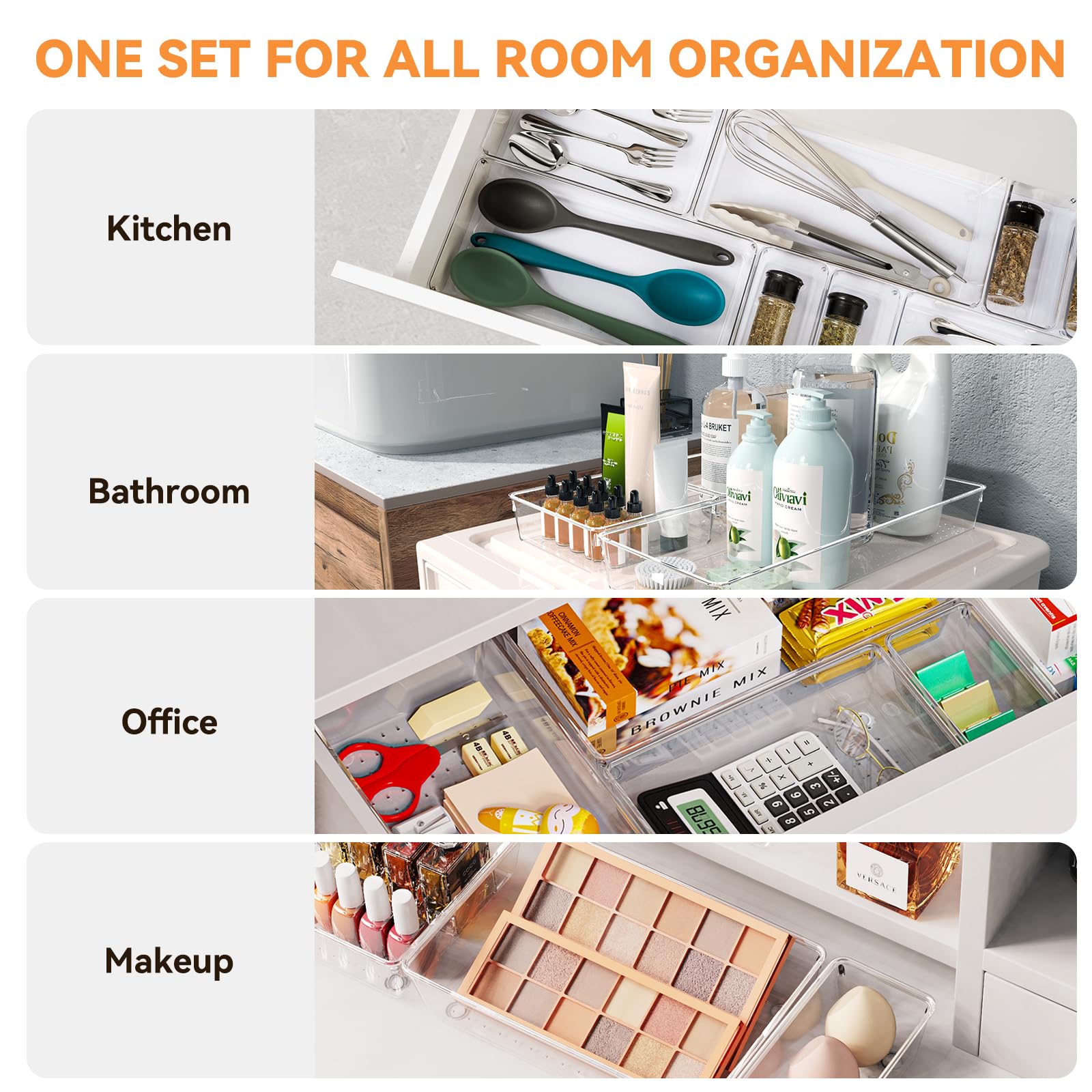 25 PCS Clear Plastic Drawer Organizers Set, 4-Size Versatile Bathroom and Vanity Drawer Organizer Trays, Storage Bins for Makeup